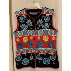 1990s BellePointe Western Navajo Turquoise Floral Rodeo Festival Sweater Vest S